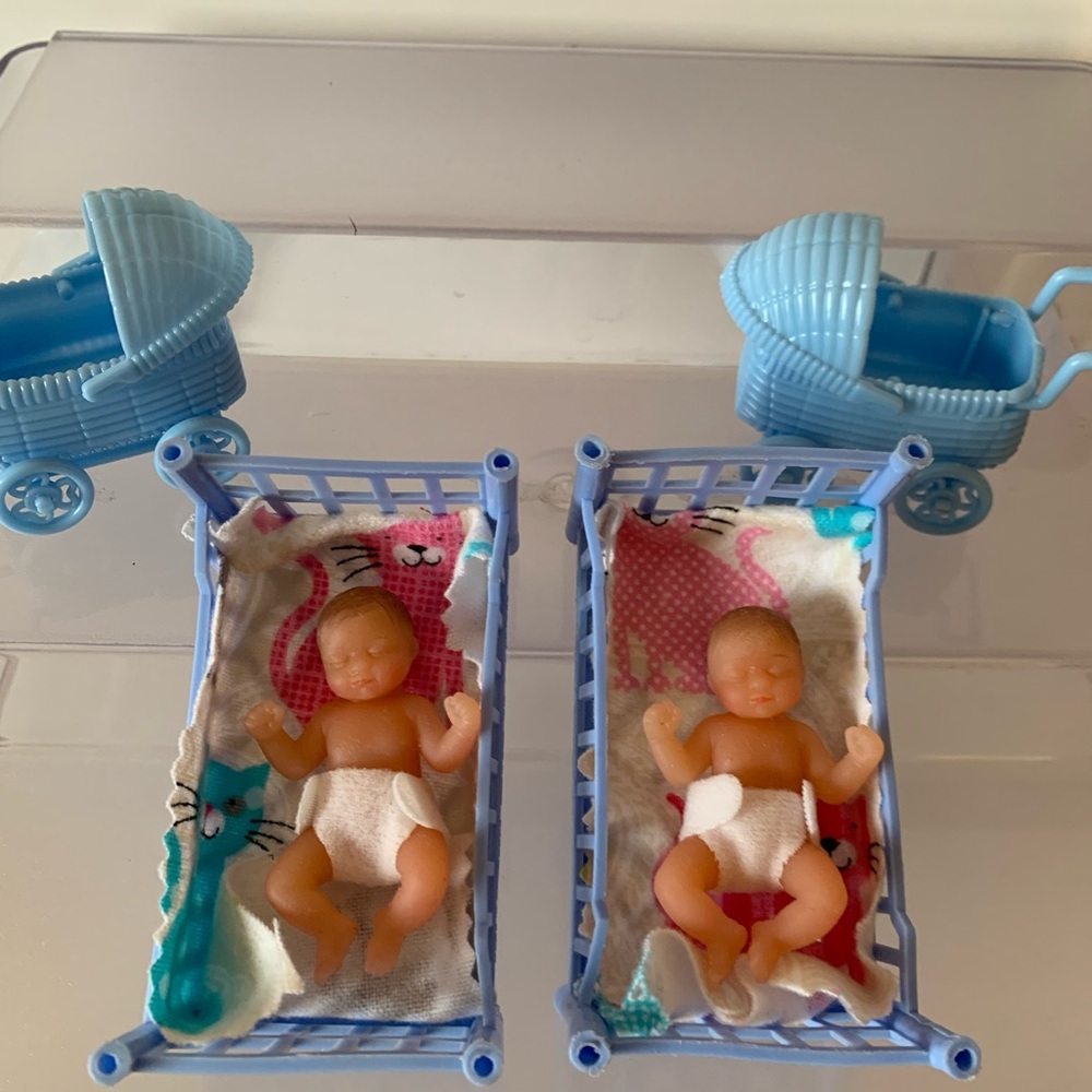 Silicone baby dolls 2.5” with Blue Twin Baby Doll Crib Set and Strollers